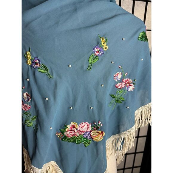 Lacy Afternoon by Shell Kepler Blue Floral Embroidered Shawl - Picture 5 of 7